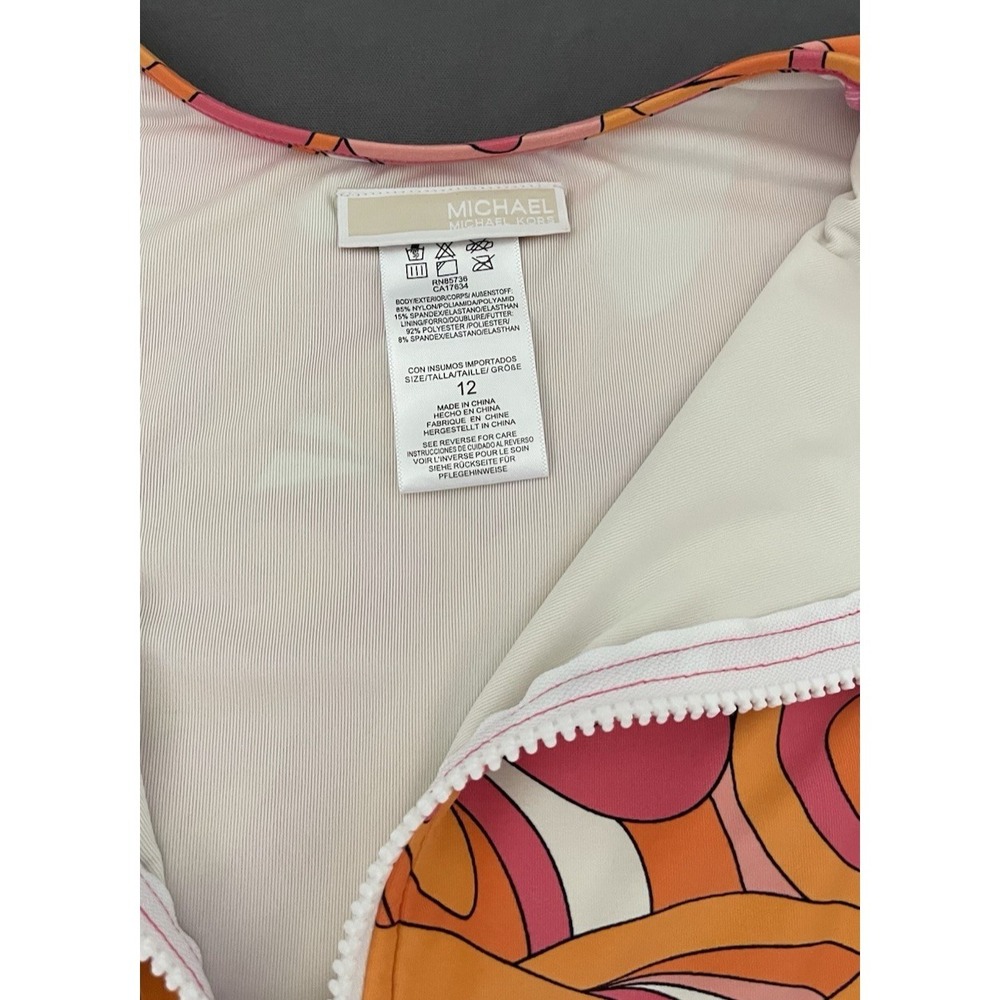 Michael Kors Front Zip Long Sleeve One Piece Swimsuit Women 12 Retro Pink Orange - Picture 5 of 9